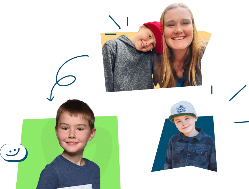 Three photos featuring children. One photo shows a child with a woman, another child smiling against a green background, and a third child wearing a cap.