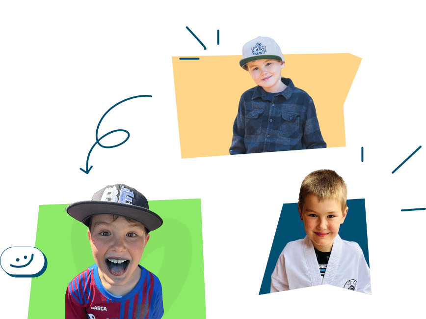 The first child has blue tongue and is wearing a baseball cap and a colorful shirt. The second child is smiling in a button-up shirt and a cap. The third child is dressed in a white outfit, looking happy.