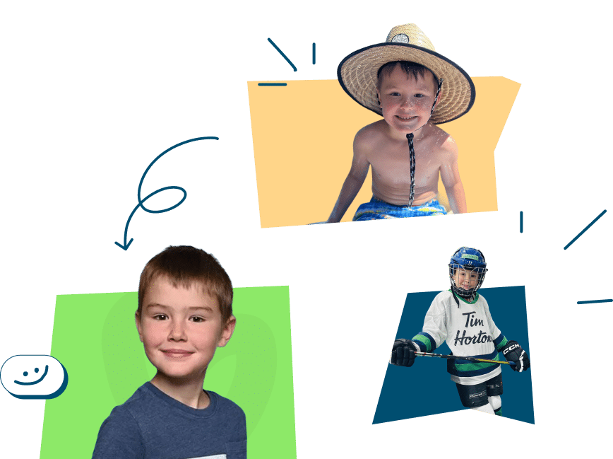 Three images of a young boy in different settings: one wearing a straw hat and swimming, one smiling, and one playing hockey in a team uniform.
