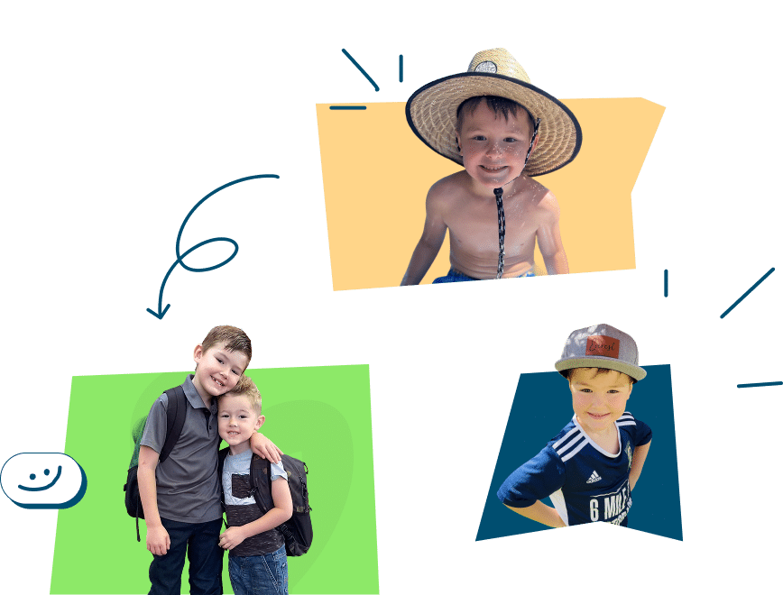 Three photos of young boys, one wearing a straw hat, another with a backpack, and a third in sports attire, with colorful backgrounds and playful designs.